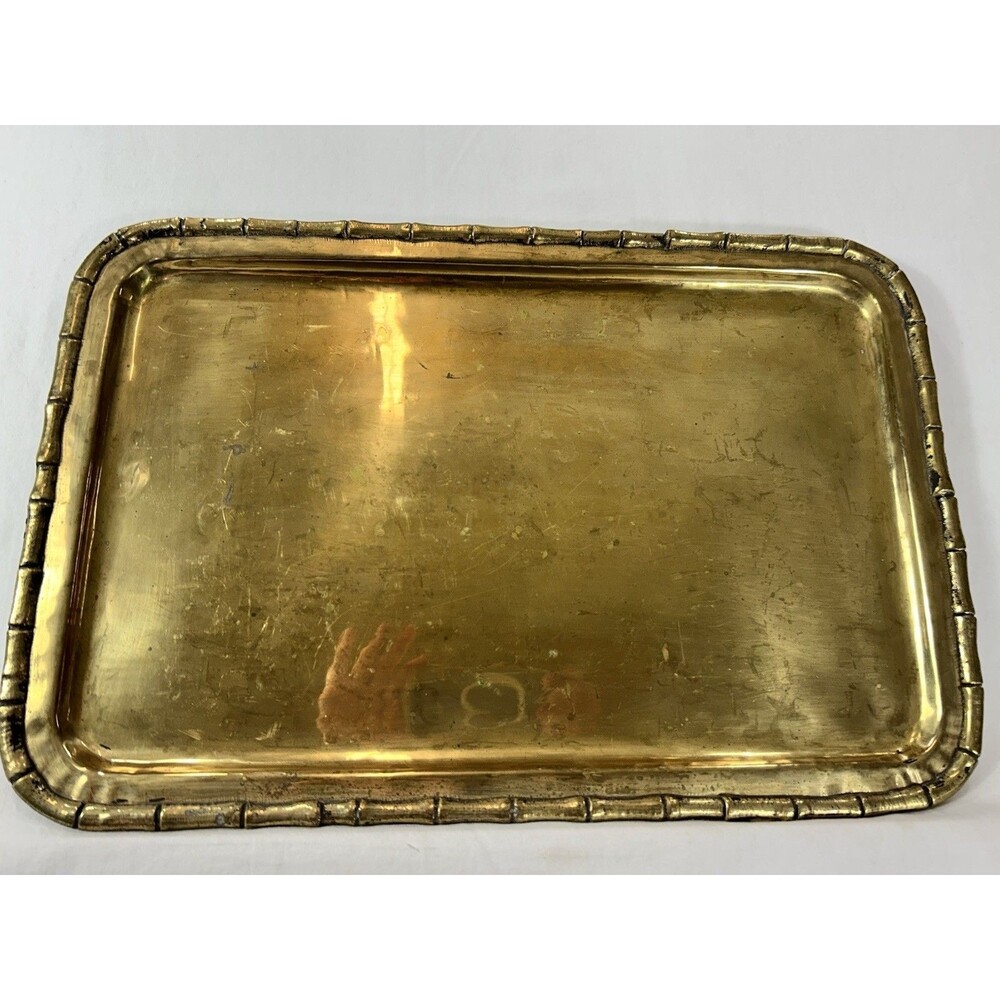Vintage Solid Brass Serving Tray Rectangular 17.5 x 11.5 MCM Decor